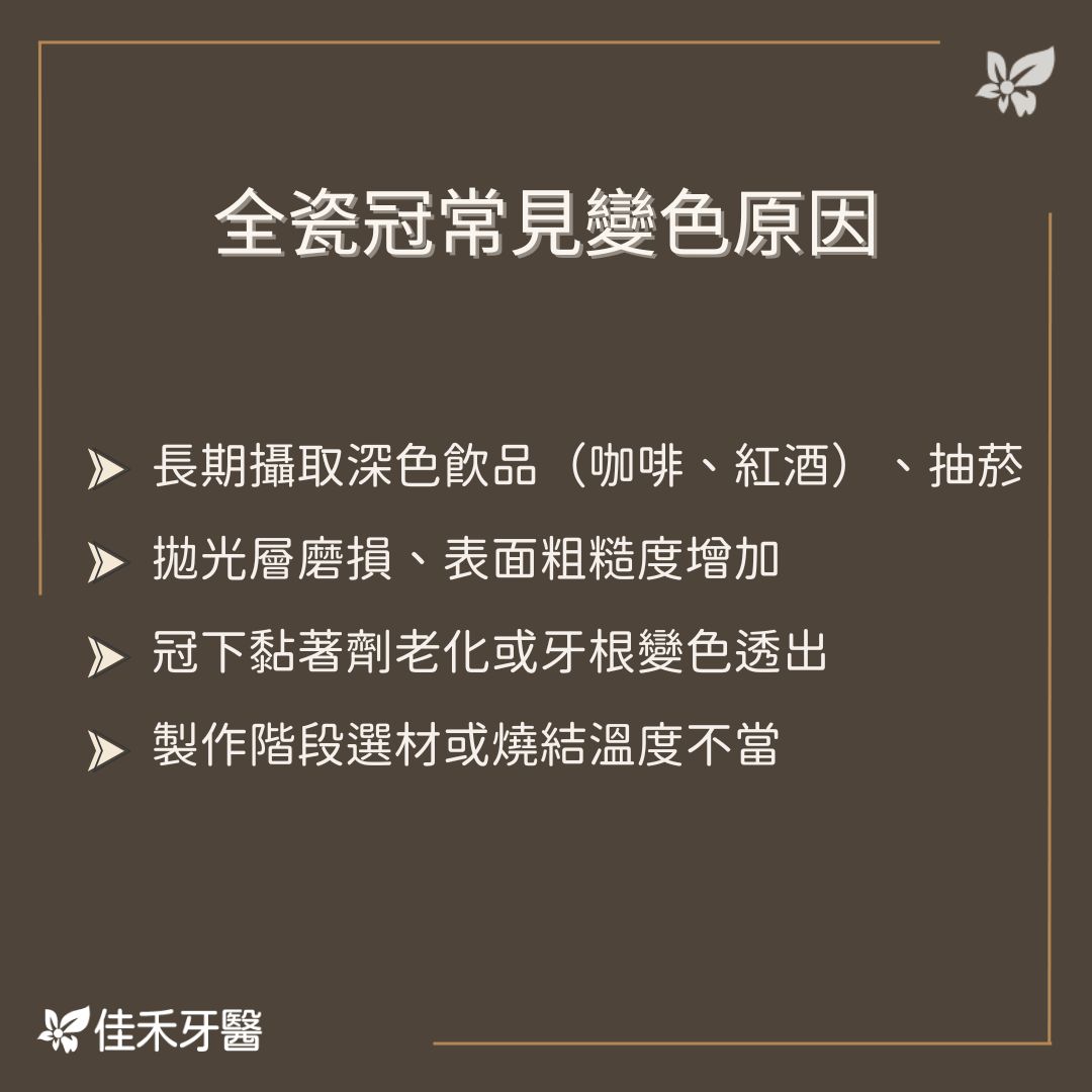 全瓷冠變色怎麼辦?全瓷冠照護指南一次看懂 1 全瓷冠常見變色原因